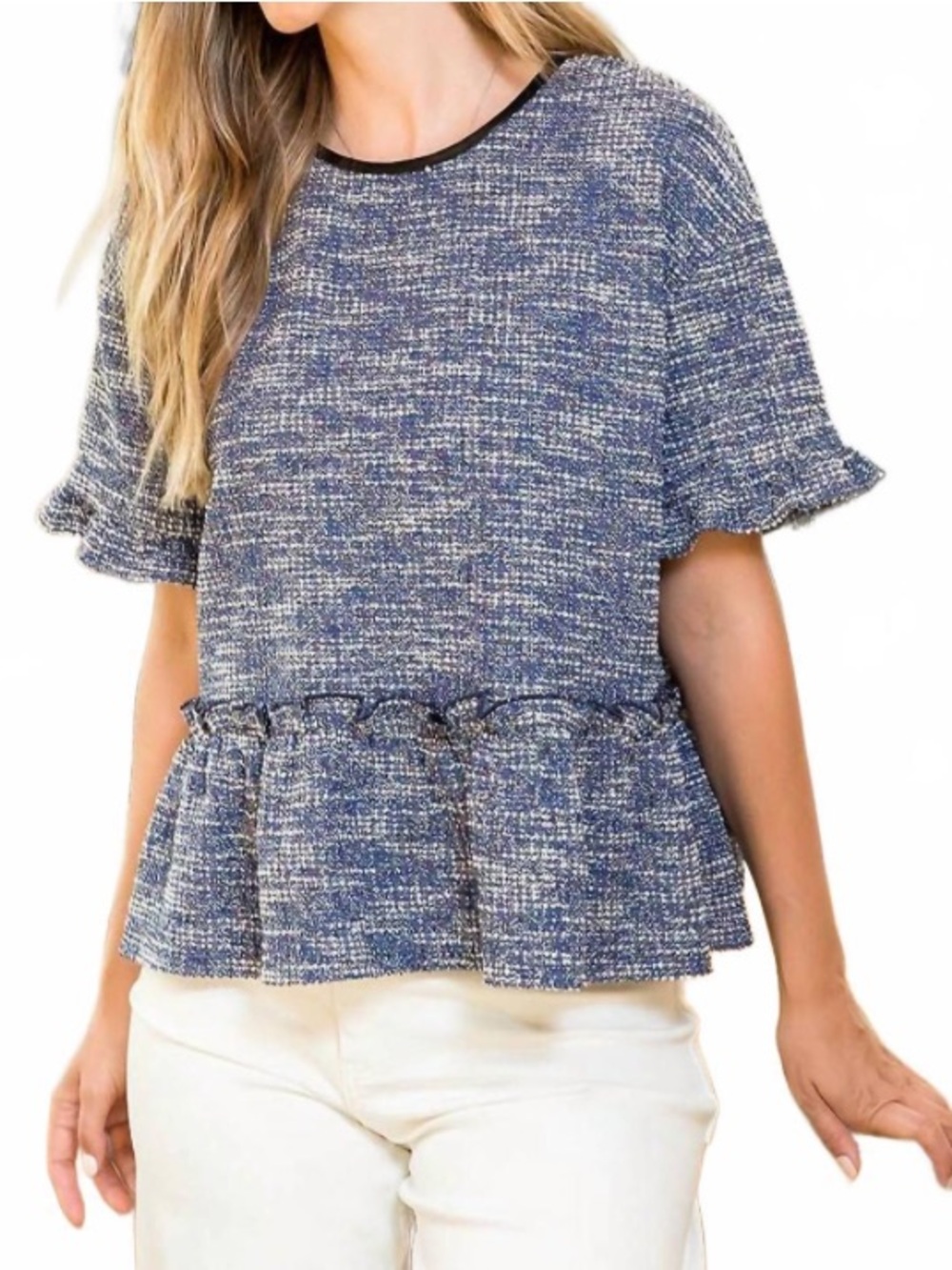 THML Clothing Women's Babydoll Tweed Top in blue Sz S
